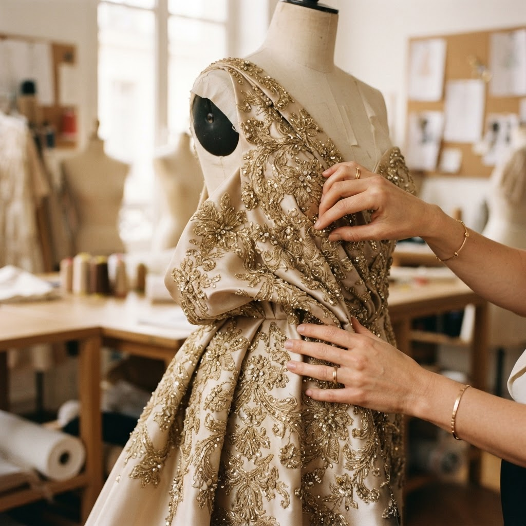 Couture craftsmanship detail with gold embroidery — Afrossy Fashion Designs