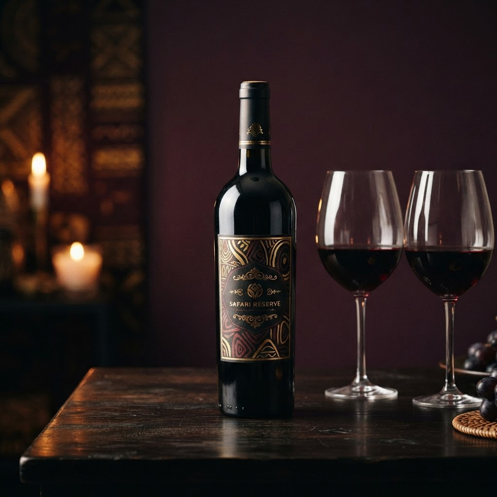 Premium wine bottle and glasses — Safari Edition Wines